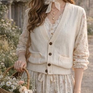 Vintage Gateway Cream Knit Button Front Sweater Vest V-Neck Pockets Large